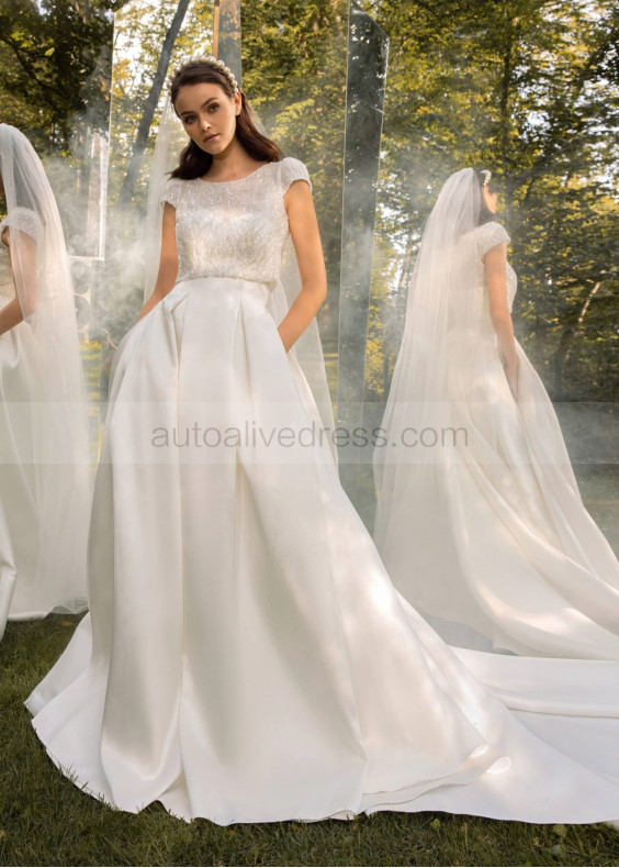 Strapless Ivory Pleated Satin Wedding Dress With Lace Jacket Strapless Ivory Pleated Satin Wedding Dress With Lace Jacket